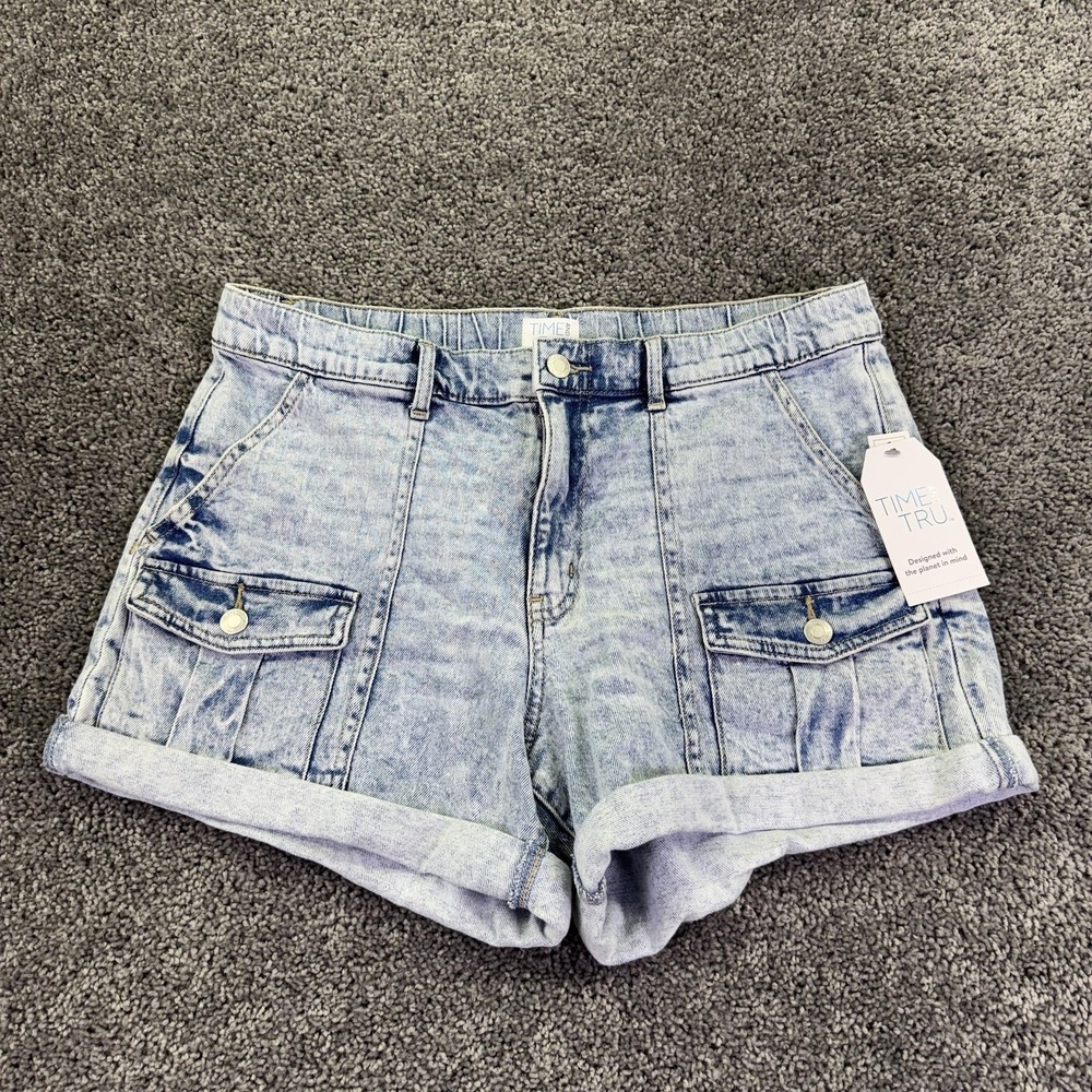 Time And Tru Shorts Womens 12 Blue Utility Denim Cuffed Cargo Pockets Summer